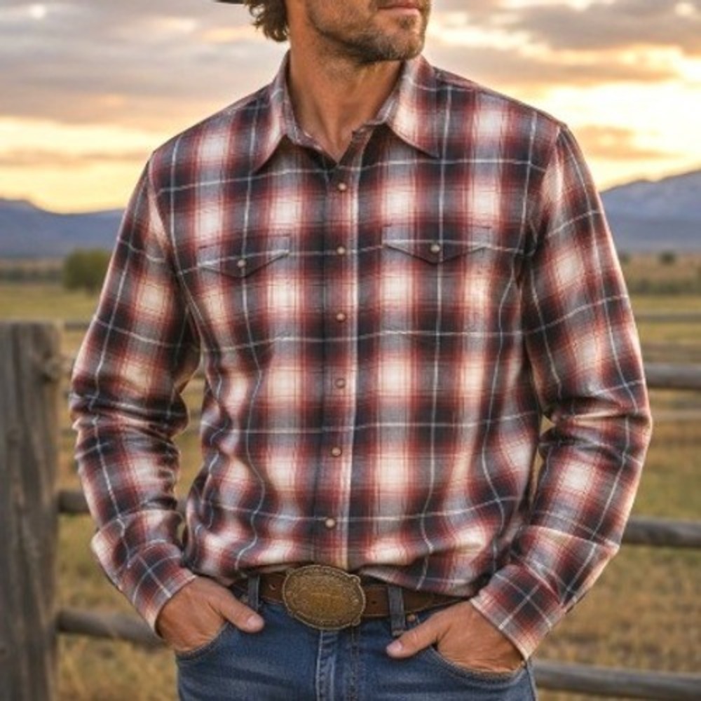 Wrangler Western Cowboy Red Blue Gray Plaid Pearl Snap Long Sleeve Shirt 2XL